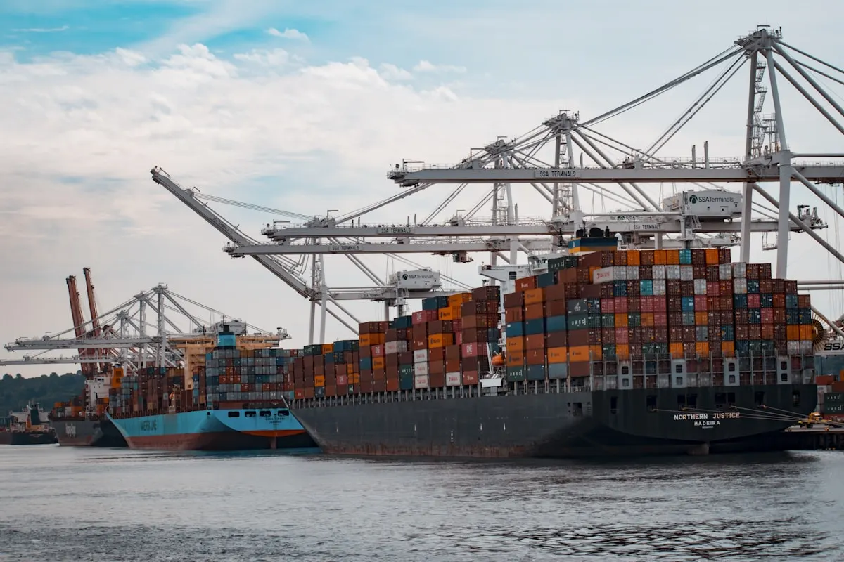 Commercial vessels loading at a container terminal