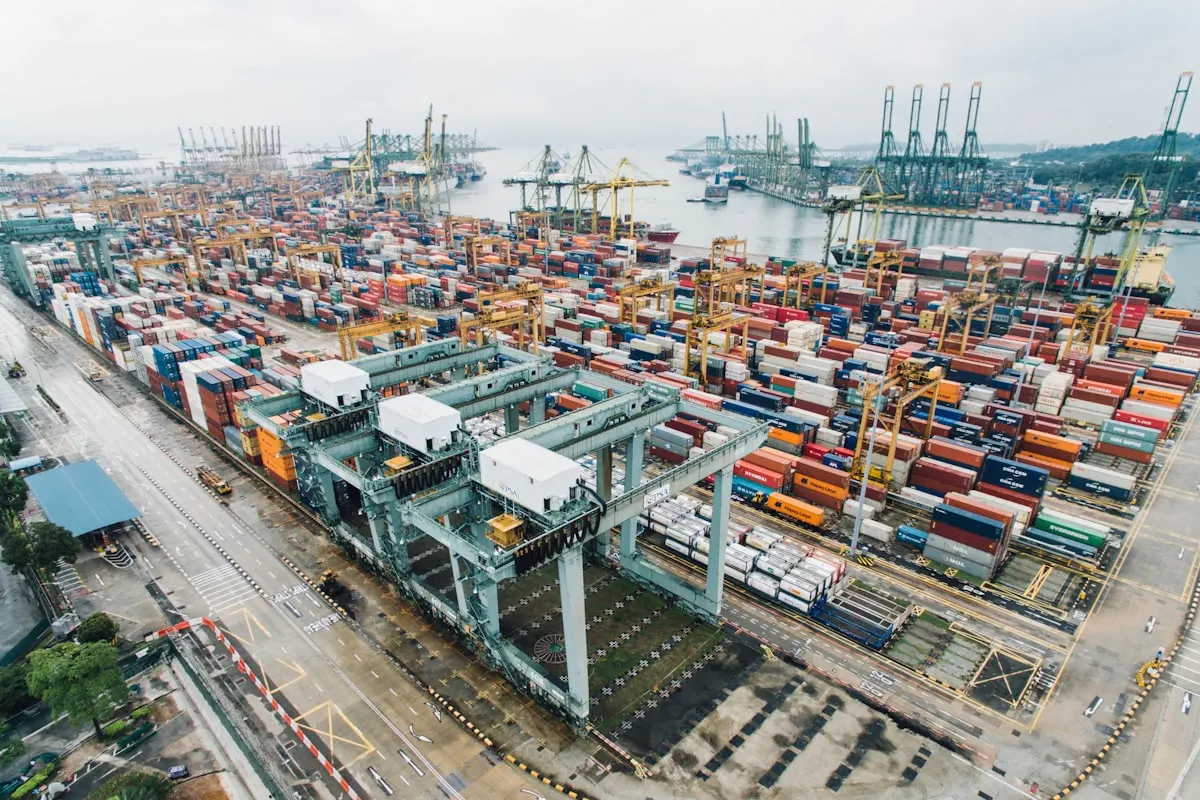 Aerial view of a busy international container port
